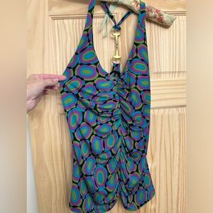 Bison Bisou circle print halter style camisole top with flattering ruching.